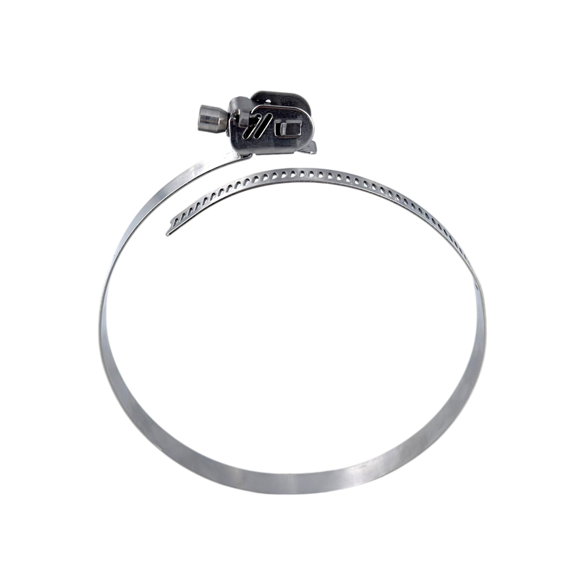 Schraubschelle Typ 180 mit Klappschloss aus glänzendem Edelstahl V2A, in Ringform auf weißem Hintergrund.