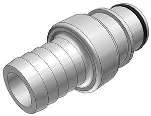 Graue HFC221035 Schlauchtülle für 15,9 mm Schlauchanschluss, ohne Absperrventil, mit gerippter Anschlussseite und sichtbarer EPDM-Dichtung.