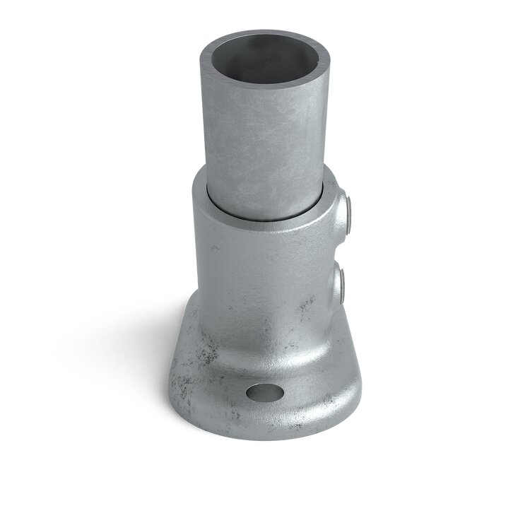 Rohrverbinder Bodenbefestigung variabel Typ 12U, Winkel 11-30 Grad aus grauem Metall, mit zylindrischer Aufnahme und flacher Basis mit ovalem Befestigungsloch.
