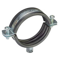 Sanitärrohrschelle / Rohrschelle mit Gummierung für eine schallentkoppelte und sichere Rohrbefestigung. Sanitärrohrschelle / Rohrschelle mit Gummierung: Eine zweiteilige, verzinkte Metallrohrschelle mit dunkler EPDM-Gummierung innen, gesichert mit zwei Schrauben und einem angeschweißten Anschlussgewinde zur Befestigung von Rohren.