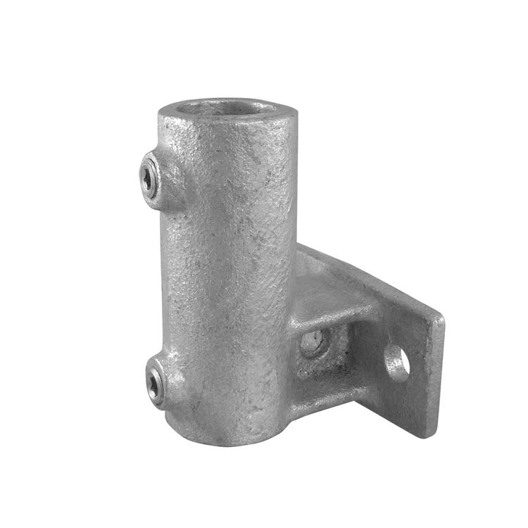 Rohrverbinder Wandhalter horizontal - Typ 13 aus robustem, verzinktem Metall. Dieser Rohrverbinder dient zur stabilen horizontalen Befestigung eines Rohres an einer Wand und verfügt über eine Montageplatte mit Schraublöchern sowie zwei seitliche Madenschr