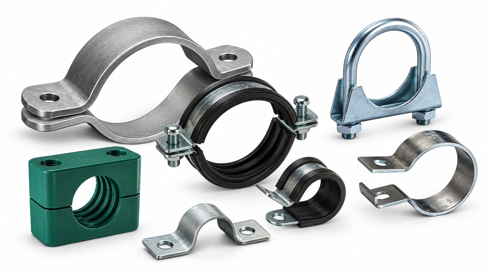 Eine vielfältige Kollektion von Rohrschellen, darunter metallene U-Bügel-Schellen, C-förmige Schellen (einige mit schwarzer Gummieinlage) und eine grüne, zweiteilige Kunststoffrohrschelle, auf hellem Hintergrund.