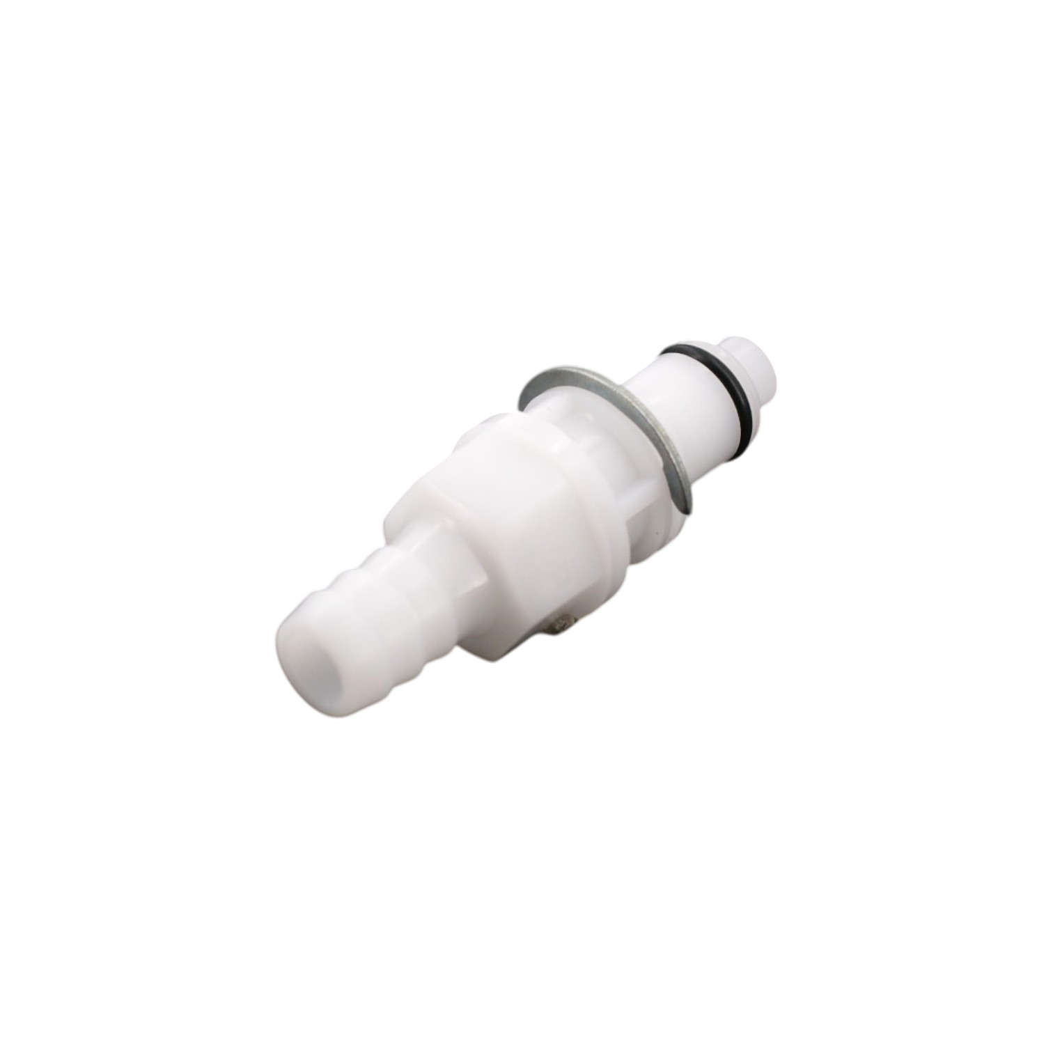 Westfalia Camping Außendusche Stecker Anschluss – weißer Schnellkupplungsadapter für Wasserschläuche. Weißer Stecker Anschluss für Westfalia Camping Außendusche mit gerilltem Schlauchansatz und Metallclip auf weißem Hintergrund.