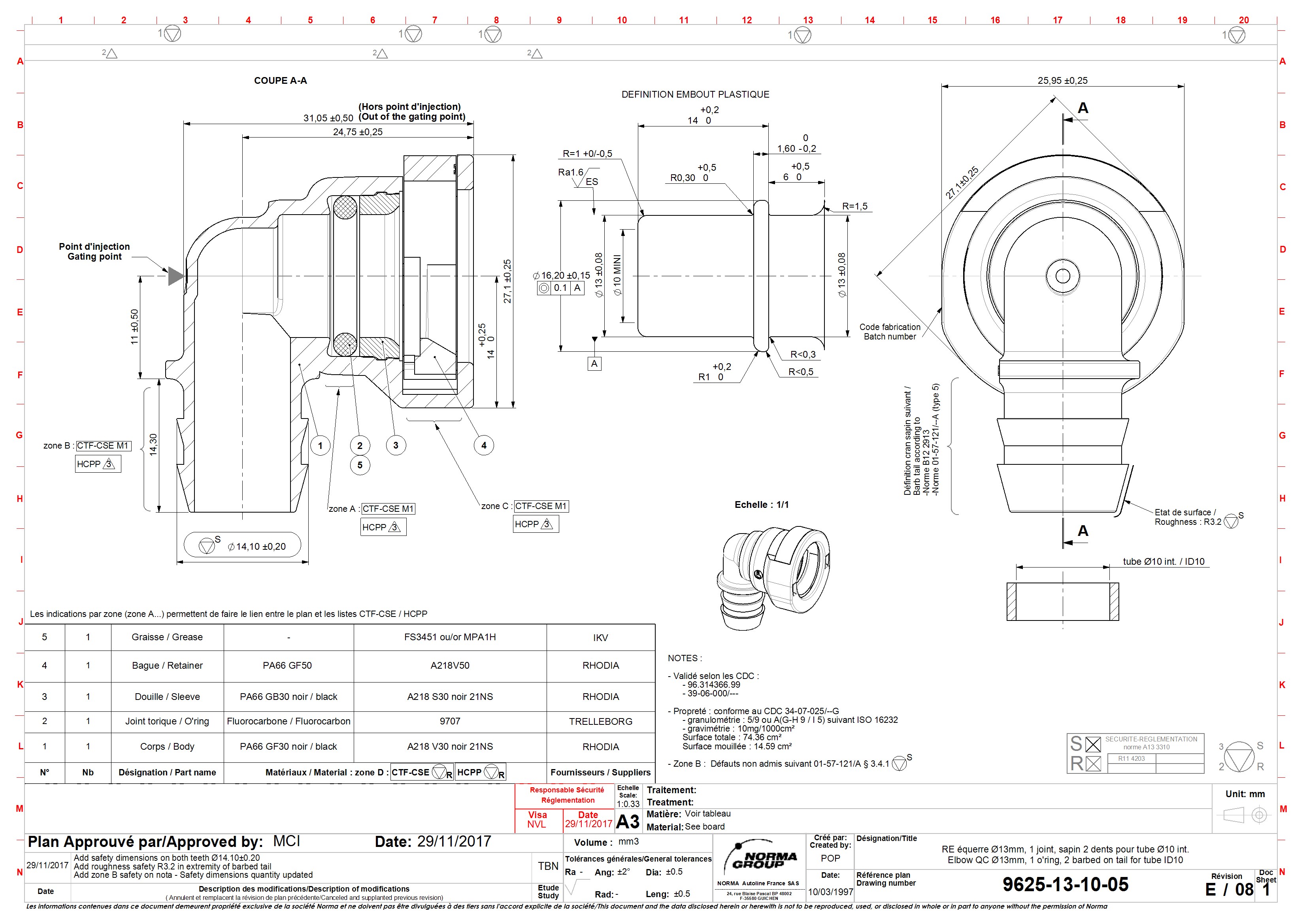 Technische Zeichnung eines Kunststoff-Winkelverbinders mit Querschnitt, isometrischer Ansicht, Maßen und Stückliste für Produkt 9625-13-10-05. Detailliertes technisches Dokument für Kunststoff-Winkelverbinder 9625-13-10-05, inklusive Fertigungsdetails, Abmessungen, Materialspezifikationen und Komponentenübersicht.