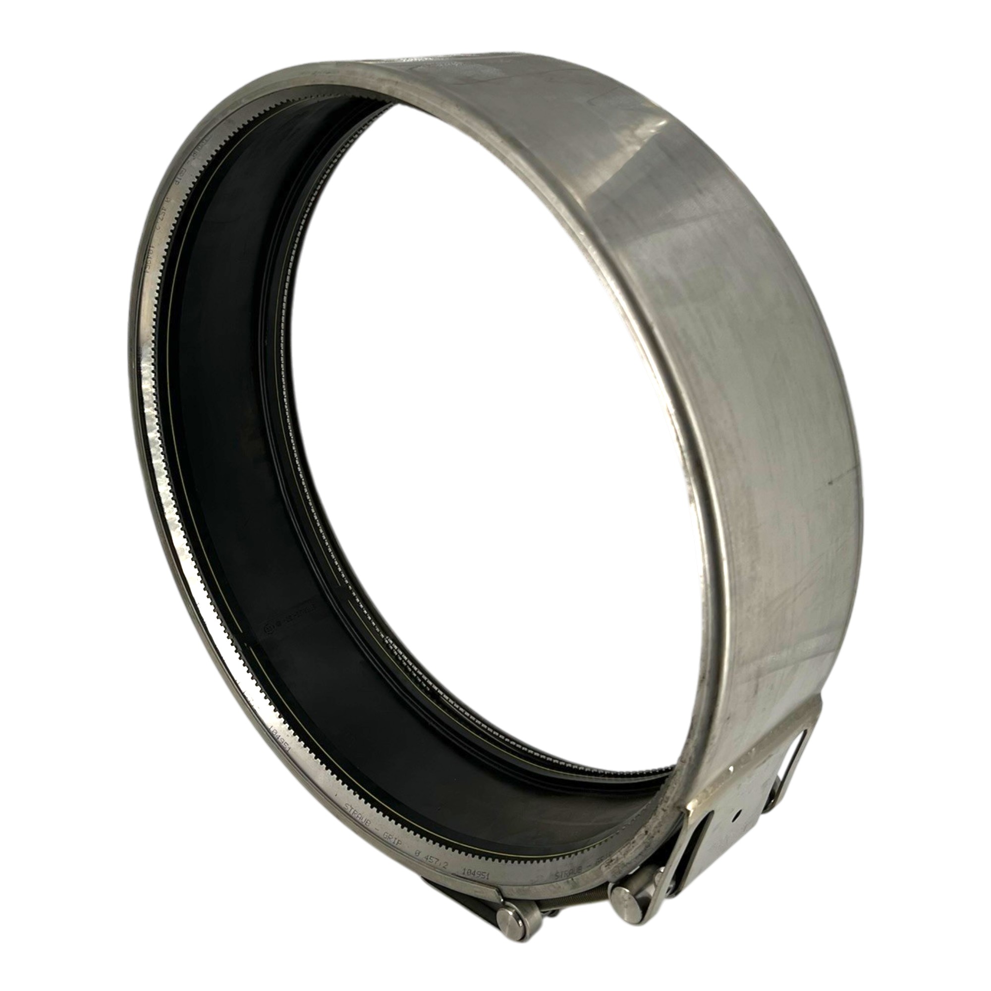 Straub Rohrkupplung Grip W5 aus glänzendem Edelstahl mit schwarzer NBR-Dichtung, Durchmesser 457 mm, für einen Arbeitsdruck von WP 6.