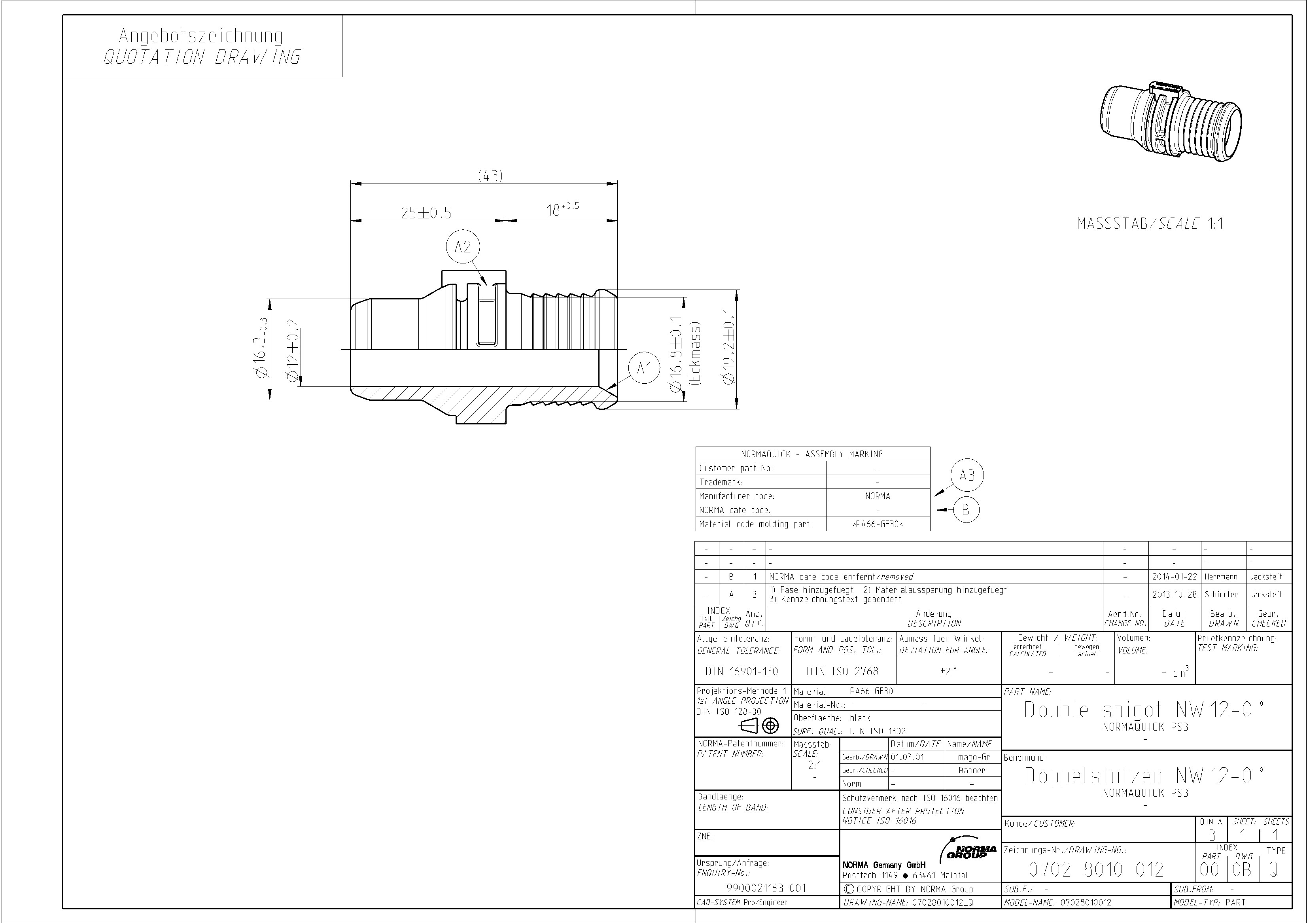 Angebotszeichnung des Doppelstutzens NW 12-0° NORMAQUICK PS3, Material PA66-GF30, Detailansichten, Bemaßungen und technische Spezifikationen für das Steckverbindungsstück. Technische Zeichnung eines Doppelstutzens NW 12-0° NORMAQUICK PS3 mit Bemaßungen und isometrischer Ansicht.