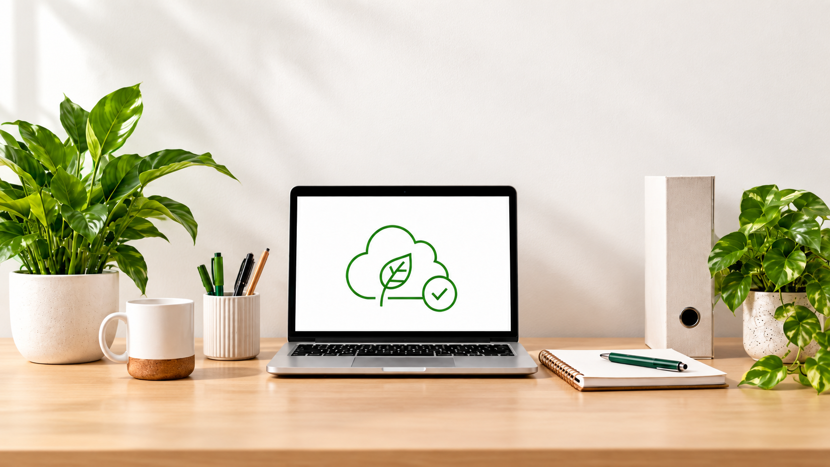 Laptop auf einem Holzschreibtisch zeigt ein grünes Cloud-Symbol mit Blatt und Haken auf dem Bildschirm, umgeben von grünen Pflanzen und Büromaterialien, symbolisierend digitale Nachhaltigkeit im Kontext des Blogbeitrags 'Zweite Runde für alte Kartons: So