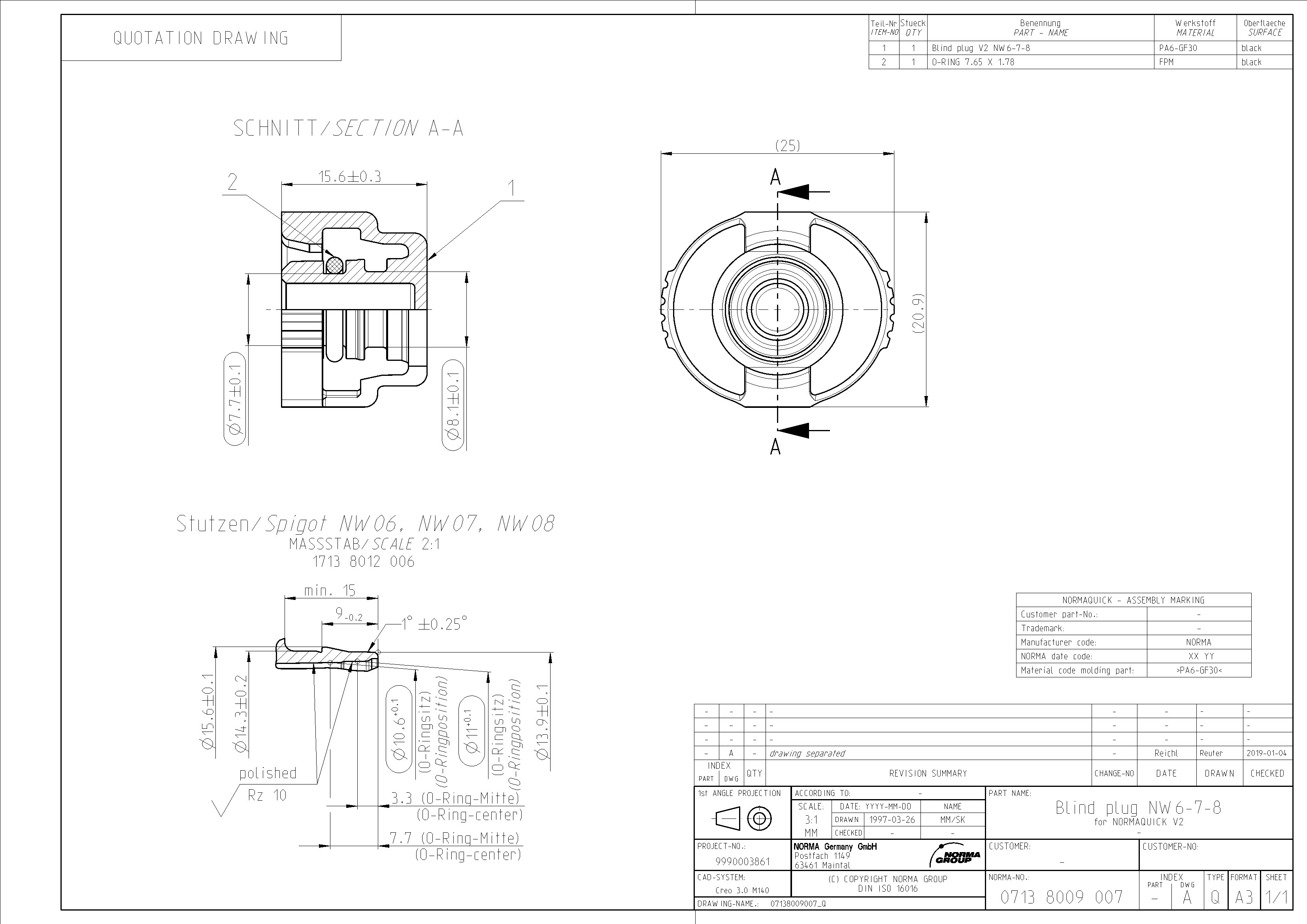 Technische Zeichnung: Blindstopfen NW6-7-8 für NORMAQUICK V2 Technische Zeichnung eines Blindstopfens NW6-7-8 für NORMAQUICK V2, mit detaillierten Schnittansichten, Draufsicht und präzisen Bemaßungen der Komponenten wie dem PA6-GF30 Stopfen und dem FPM O-Ring.