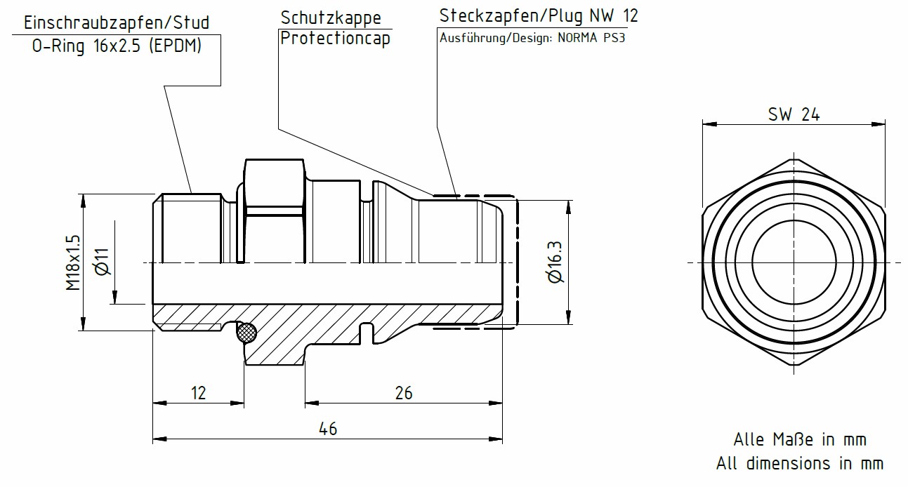 Zeichnung-40061033 Stecknippel NW 12 M18x1.5 für NORMAQUICK PS3 | 40061033X