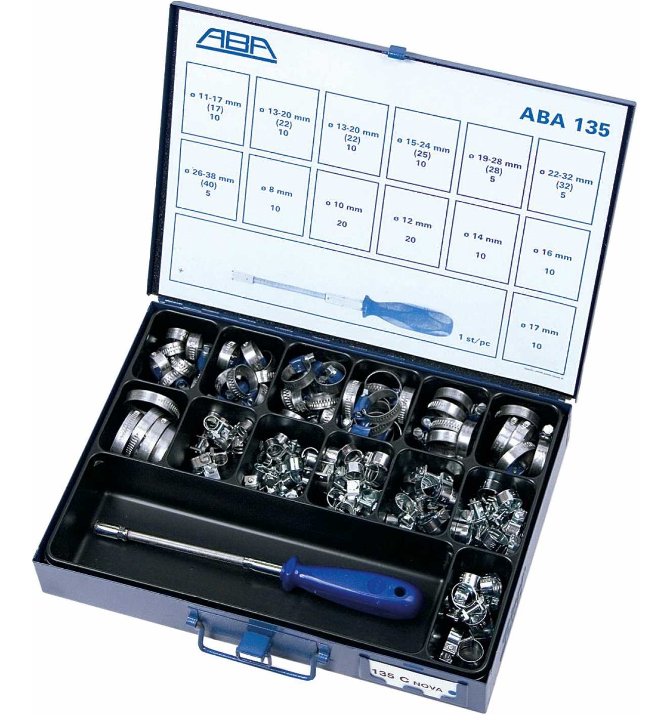 ABA 135 Schlauchschellen-Set mit Schraubendreher, beinhaltet Schlauchschellen in diversen Größen von 8 mm bis 38 mm. ABA 135 Schlauchschellen-Sortiment in geöffneter blauer Metallbox, mit verschiedenen Größen von Metallschlauchschellen und einem Schraubendreher.