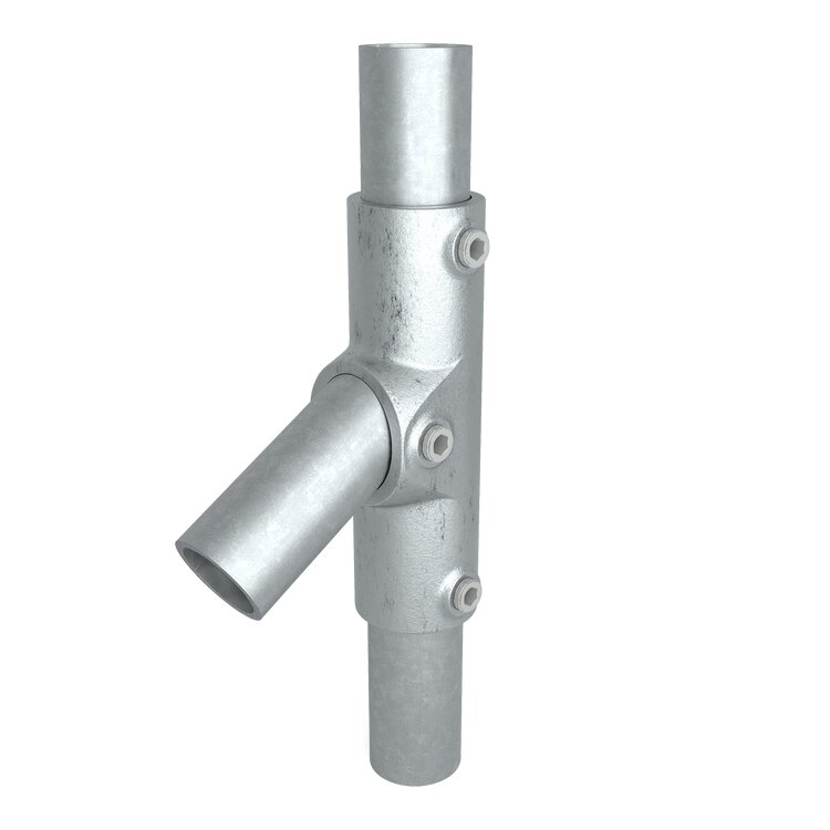 Rohrverbinder T-Verbinder, Typ 27U, aus verzinktem Stahl, mit einem um 11° bis 30° verstellbaren Seitenabgang und sichtbaren Innensechskantschrauben zur Fixierung. Das Produkt ist ein vielseitiges Verbindungselement für Rohrkonstruktionen.