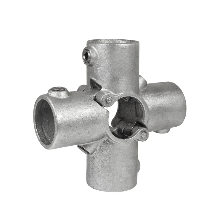 Rohrverbinder Kreuzstück, Ø 48,3mm, offen und klappbar (4-Wege) in silberner Metalloptik, Typ 26O.