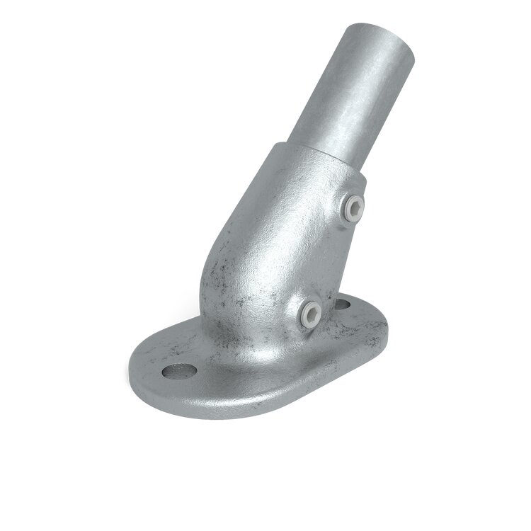 Rohrverbinder Bodenbefestigung variabel Typ 12X, Winkel 45-60 Grad: Ein robustes, verzinktes Metallelement zur Befestigung von Rohren in einem einstellbaren Winkel von 45 bis 60 Grad, mit ovaler Bodenplatte und zwei Bohrlöchern für sichere Montage auf wei