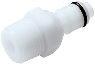 Nahaufnahme eines weißen APCD24006BSPT Steckers aus Kunststoff mit 3/8 Zoll BSPT Außengewinde und einem schlankeren Ende mit schwarzem O-Ring, der ein Absperrventil integriert.