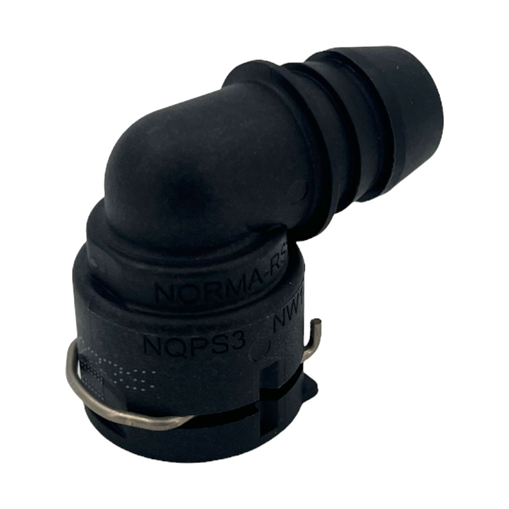 NORMAQUICK PS3 Steckverbindung NW 14 - 90° Winkel-Anschlussstück, schwarz, Artikelnummer 7028035014 NORMAQUICK PS3 Steckverbindung NW 14, ein schwarzes 90-Grad-Winkelstück mit einem Schnellverschluss und geripptem Schlauchanschluss, detailreich abgebildet.