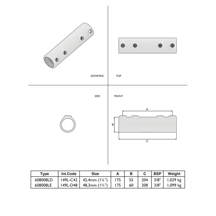 Rohrverbinder Verlängerungsstück lang außen Typ 8L. Technisches Diagramm mit isometrischer Ansicht, Seiten-, Front- und Draufsicht sowie Tabelle mit Produktspezifikationen für verschiedene Größen.