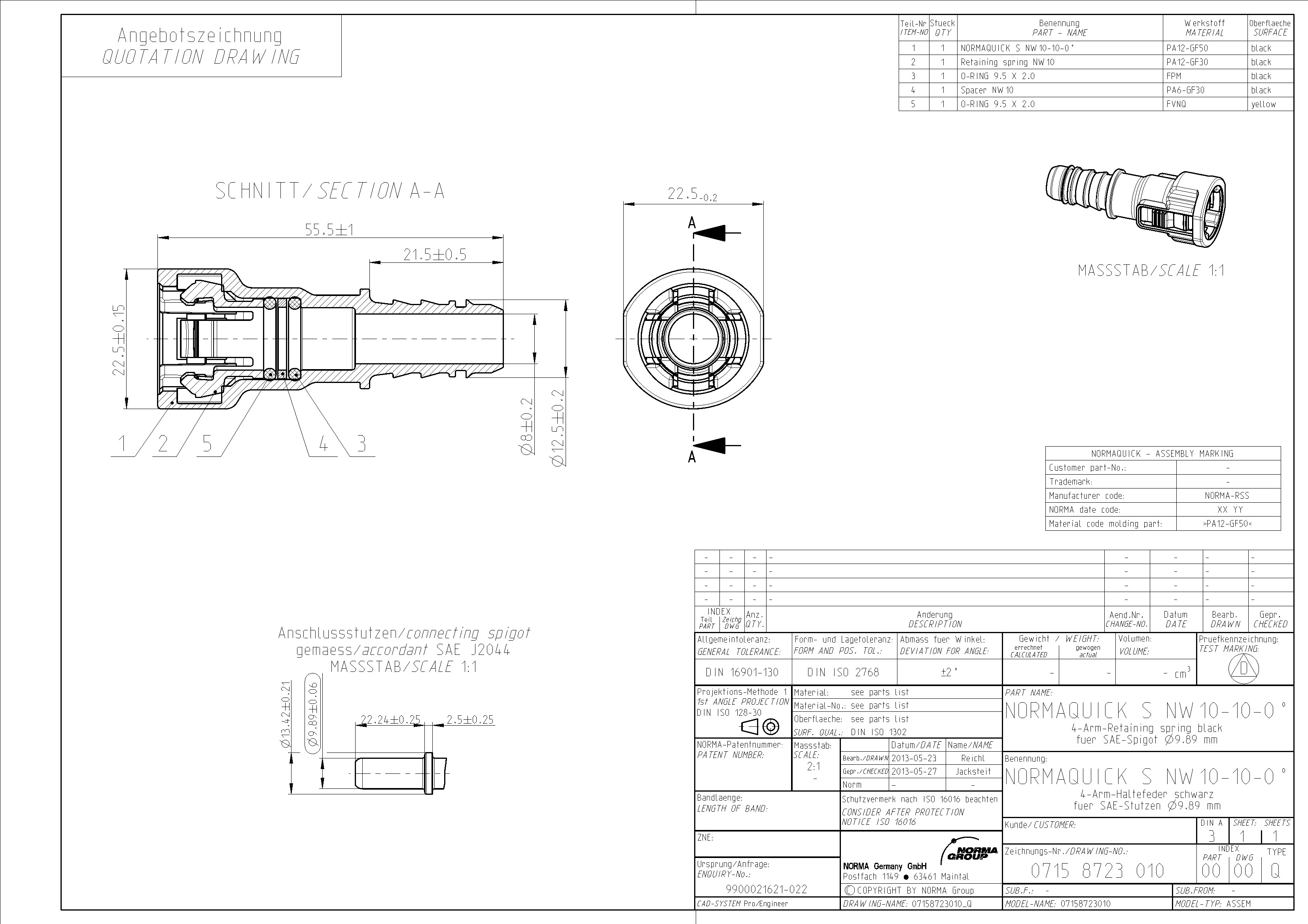 Angebotszeichnung für den NORMAQUICK S NW 10-10-0° Kraftstoffleitungsstecker mit 4-Arm-Haltefeder für SAE-Stutzen Ø9.89 mm, detailliert mit Komponenten und Materialien. Technische Zeichnung des NORMAQUICK S NW 10-10-0° Steckverbinders, dargestellt in Schnitt-, Vorder- und isometrischer Ansicht, inklusive Bemaßungen und Stückliste.