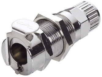 CPC Messing Kupplung LC12006, Klemmringverschraubung für 9,5 mm AD / 6,4 mm ID. Glänzendes Metallbauteil mit Hebelverschluss auf der linken Seite und Gewindeanschluss auf der rechten.