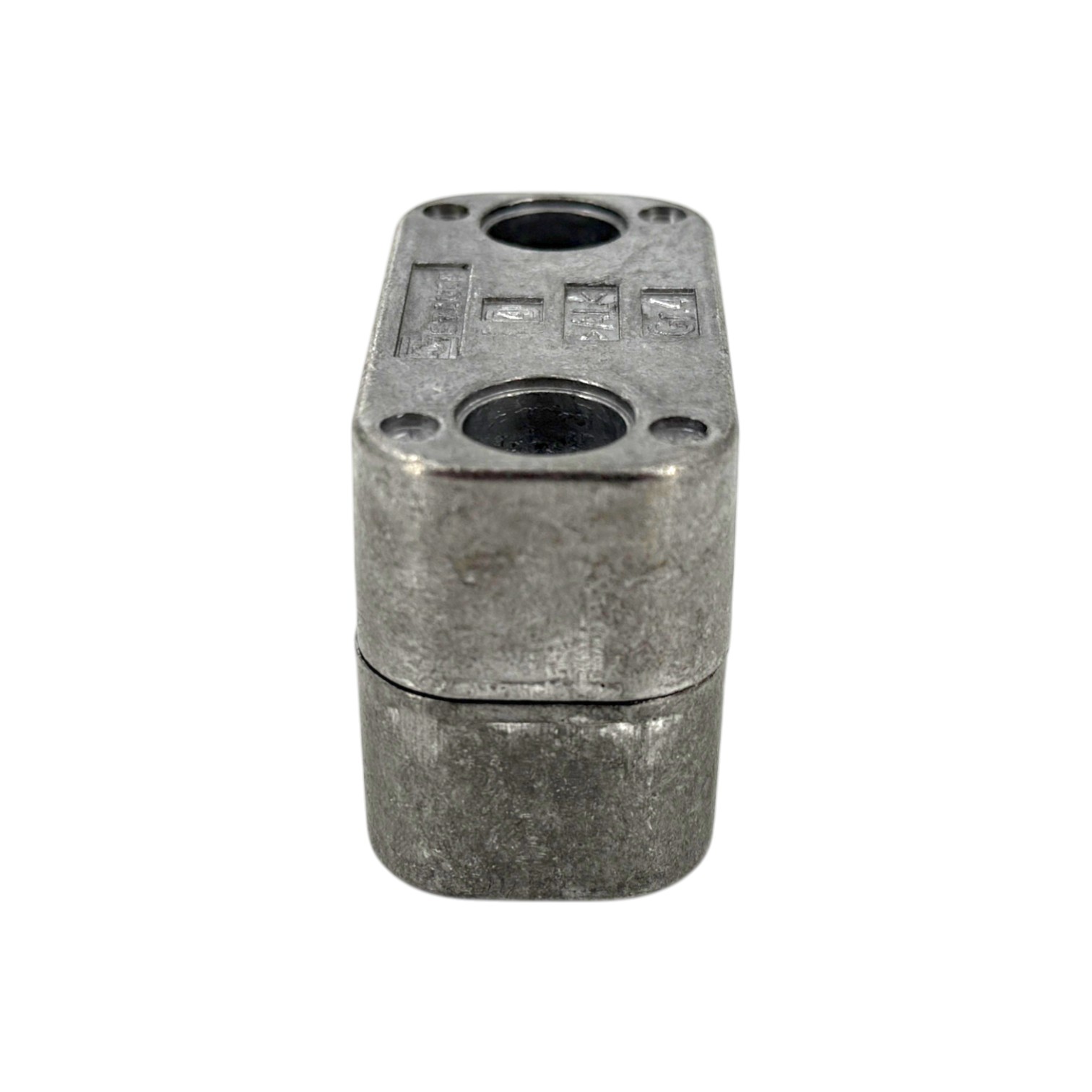 STAUFF Rohrschelle Aluminium Standard Baureihe - AL - gerippte Innenfläche. Eine mattgraue, blockförmige Rohrschelle mit zwei Schraublöchern auf der Oberseite und einer horizontalen Trennfuge in der Mitte.