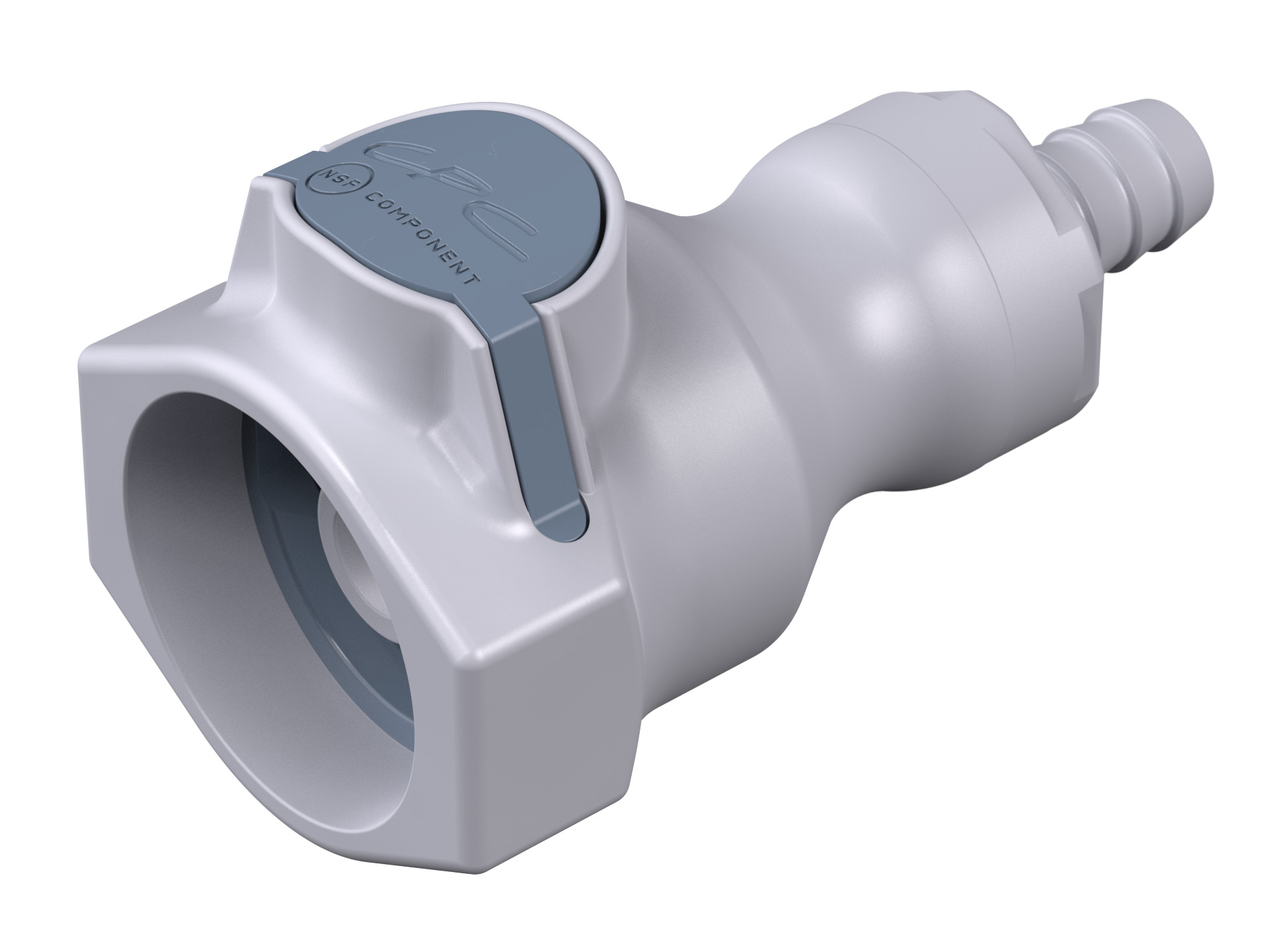 Weiße CPC-Kupplung Modell 98500 mit 9,5 mm Schlauchanschluss und integriertem grauem Absperrventil. Die Kupplung besitzt einen EPDM-O-Ring und ist FDA- sowie NSF-zertifiziert.