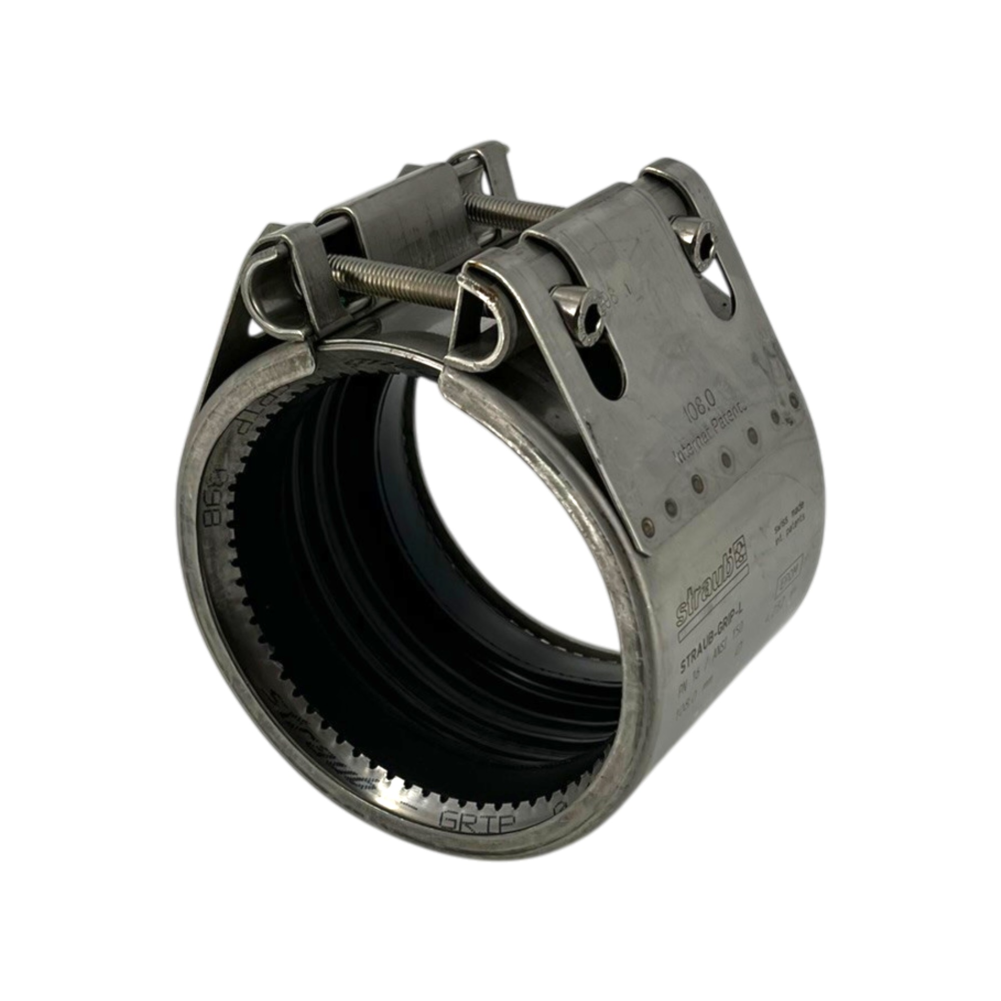 Straub Rohrkupplung Grip W4 aus Edelstahl mit NBR-Dichtung für Rohre mit 108,0 mm Durchmesser, PN16.
