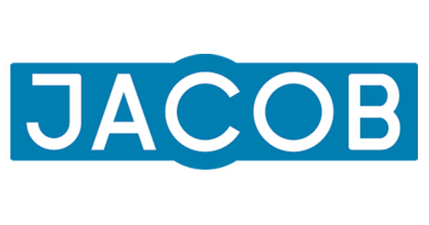 Firmenlogo JACOB JACOB Logo mit weißem Schriftzug auf blauem Hintergrund und einem stilisierten 'C'.