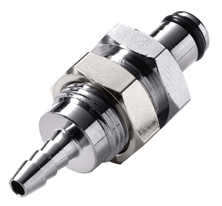 Nahaufnahme eines glänzenden, silberfarbenen MC4202 CPC Steckers für Plattenmontage. Er besitzt einen 3,2 mm Schlauchanschluss mit Widerhaken an einem Ende und eine Buna-N Dichtung am anderen, ohne integriertes Absperrventil.