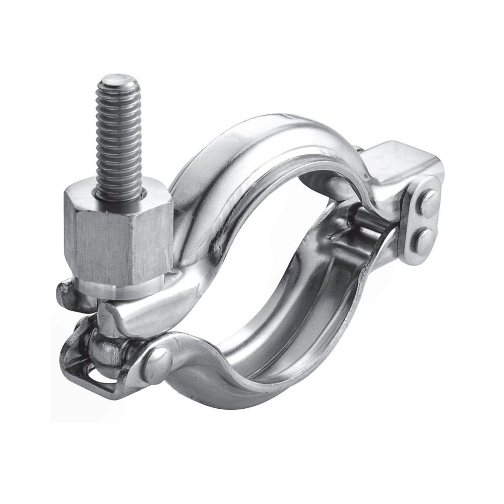 TEC-Klammer Typ SPX mit Sechskantschraube aus glänzendem Edelstahl, eine robuste Schelle mit zwei Gelenkhälften und einem Spannbolzen, frontal auf weißem Hintergrund.