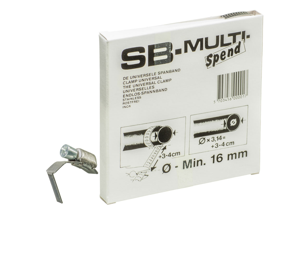 SB-MULTI-Spend Universal-Spannband: Rostfreier Verschluss für flexible Rohrdurchmesser ab 16 mm Weiße Verpackung für SB-MULTI-Spend Universal-Spannband aus Edelstahl, mit Anwendungsdiagrammen für flexible Durchmesser ab 16 mm und einem separaten Metallverschluss.