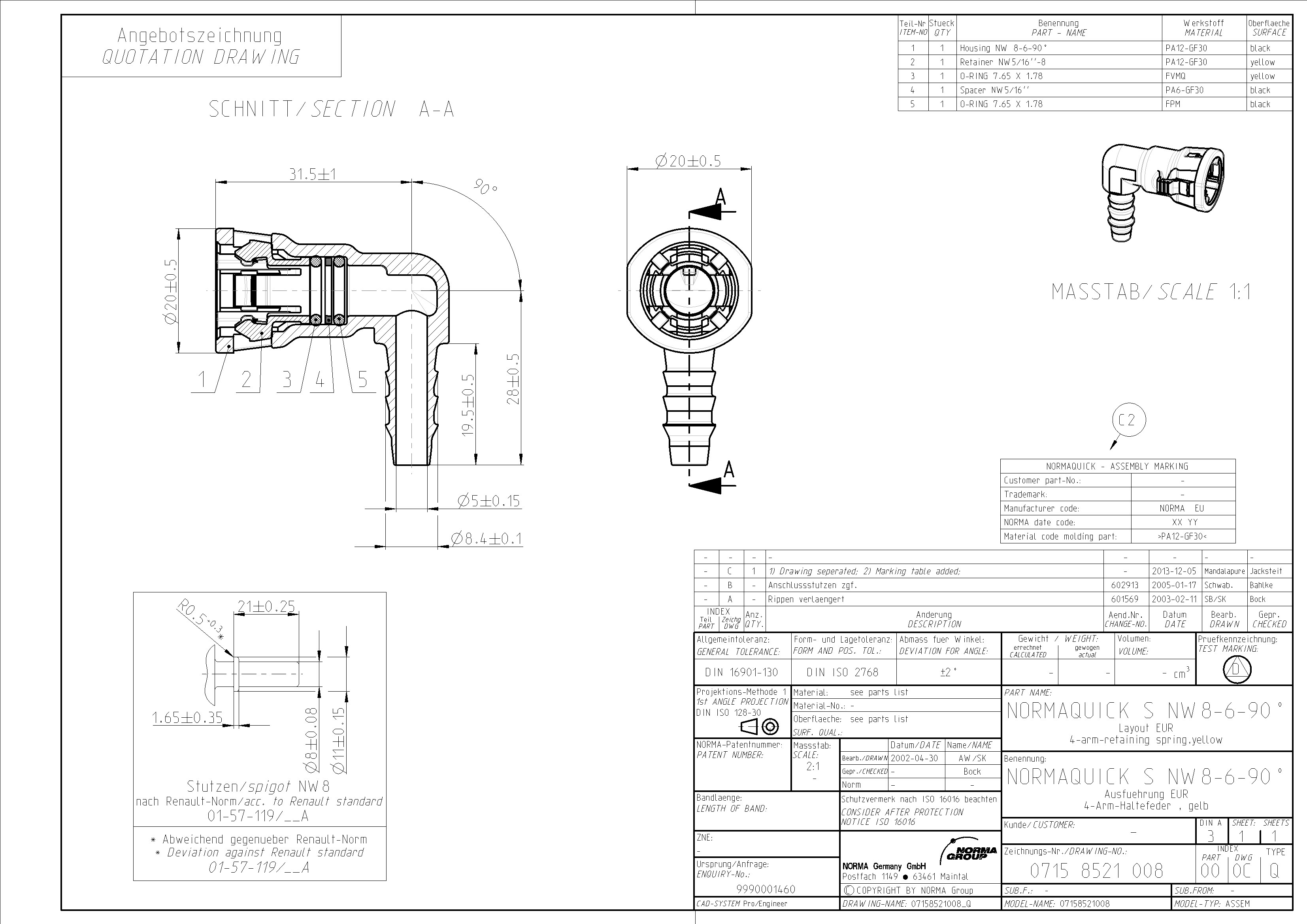 Produktzeichnung NORMAQUICK S NW8-6-90°: Eine detaillierte Darstellung des 90-Grad-Kupplungssteckers mit Schlauchanschluss und Schnellkupplung, hergestellt aus PA12-GF30, mit einer internen gelben 4-Arm-Haltefeder. Technische Angebotszeichnung des NORMAQUICK S NW8-6-90° Winkelkupplungssteckers. Die Abbildung zeigt eine Schnittansicht, eine Vorderansicht und eine isometrische Darstellung des Bauteils mit einer Schlauchtülle und einem Schnellverschlussmechanismus, ink
