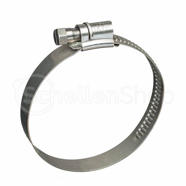 Schlauchschelle MAXI mit Schraubverschluss aus Edelstahl Eine silberne Metallschlauchschelle MAXI mit Schraubverschluss, isoliert auf einem weißen Hintergrund.