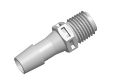 N8S12 gerade Einschraub-Schlauchtülle aus Polypropylen (PP) mit 9,5 mm Schlauchstutzen und ¼ Zoll NPT Gewinde für Schlauchverbindungen, auf weißem Hintergrund.