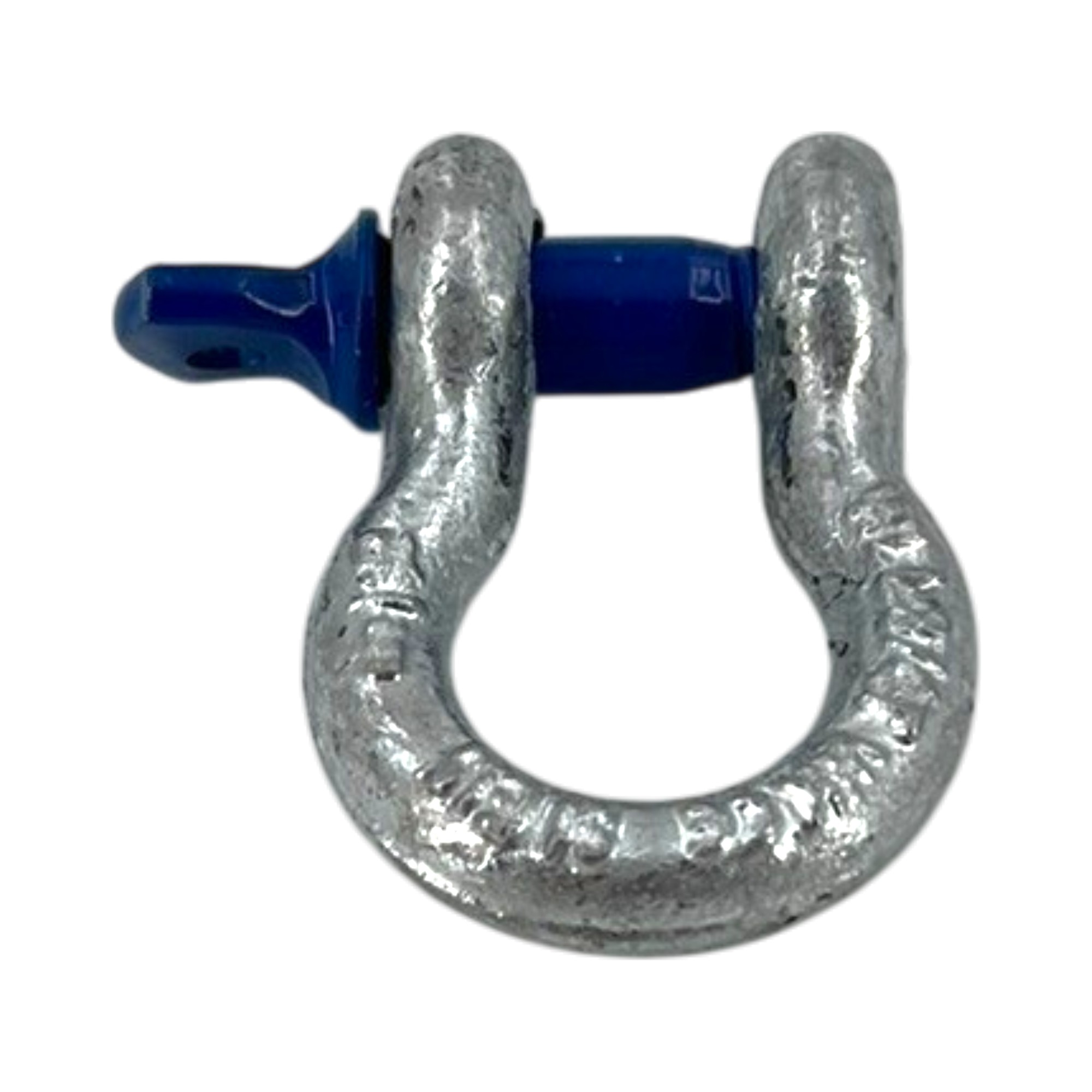 Schäkel geschweift 8 mm (5/16"), Form G 209, 0,75t, verzinkt, mit blauem Bolzen auf weißem Hintergrund.