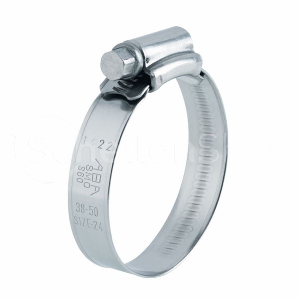 ABA SMO S60 Edelstahl-Schlauchschelle, Spannbereich 38-50 mm, Größe 24, für sichere Rohrverbindungen. Säurebeständige silberne Schlauchschellee ABA SMO S60 Edelstahl-Schlauchschelle mit Schneckenantrieb, geeignet für Rohre von 38-50 mm, auf weißem Hintergrund.