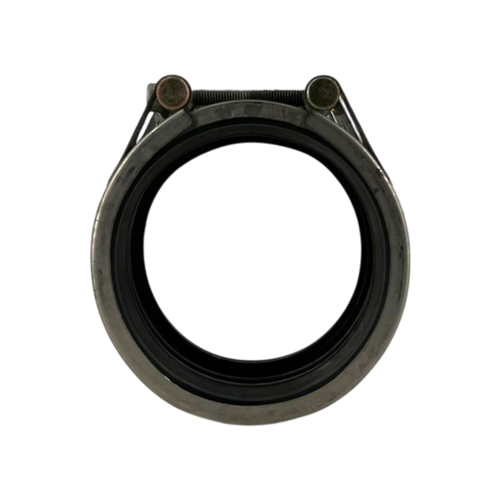 Straub Rohrkupplung Flex W2 108,0 mm, NBR, PN16. Eine metallische Rohrkupplung mit einer innenliegenden schwarzen NBR-Dichtung und zwei Befestigungsschrauben an der Oberseite, auf weißem Hintergrund freigestellt.