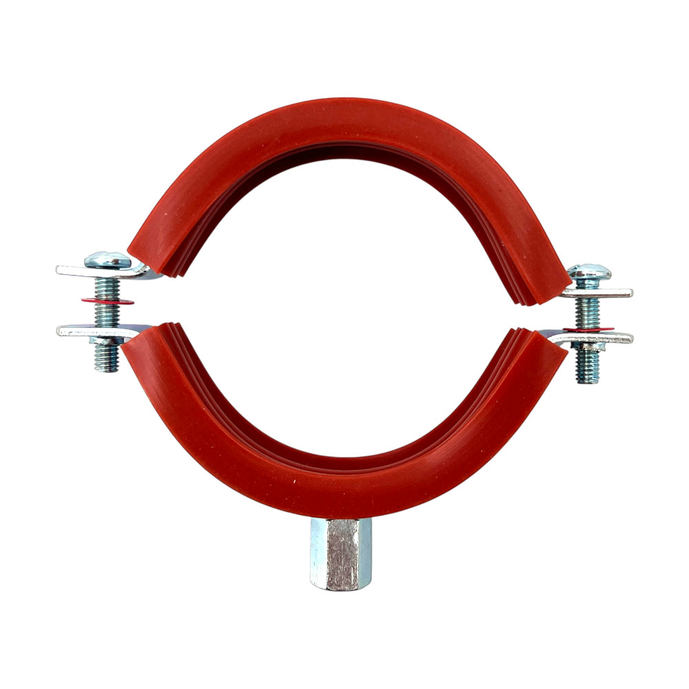 Rote Silikon Rohrschelle, verzinkt, mit Anschlussmutter M8/M10, zur schwingungsgedämpften und sicheren Rohrbefestigung.