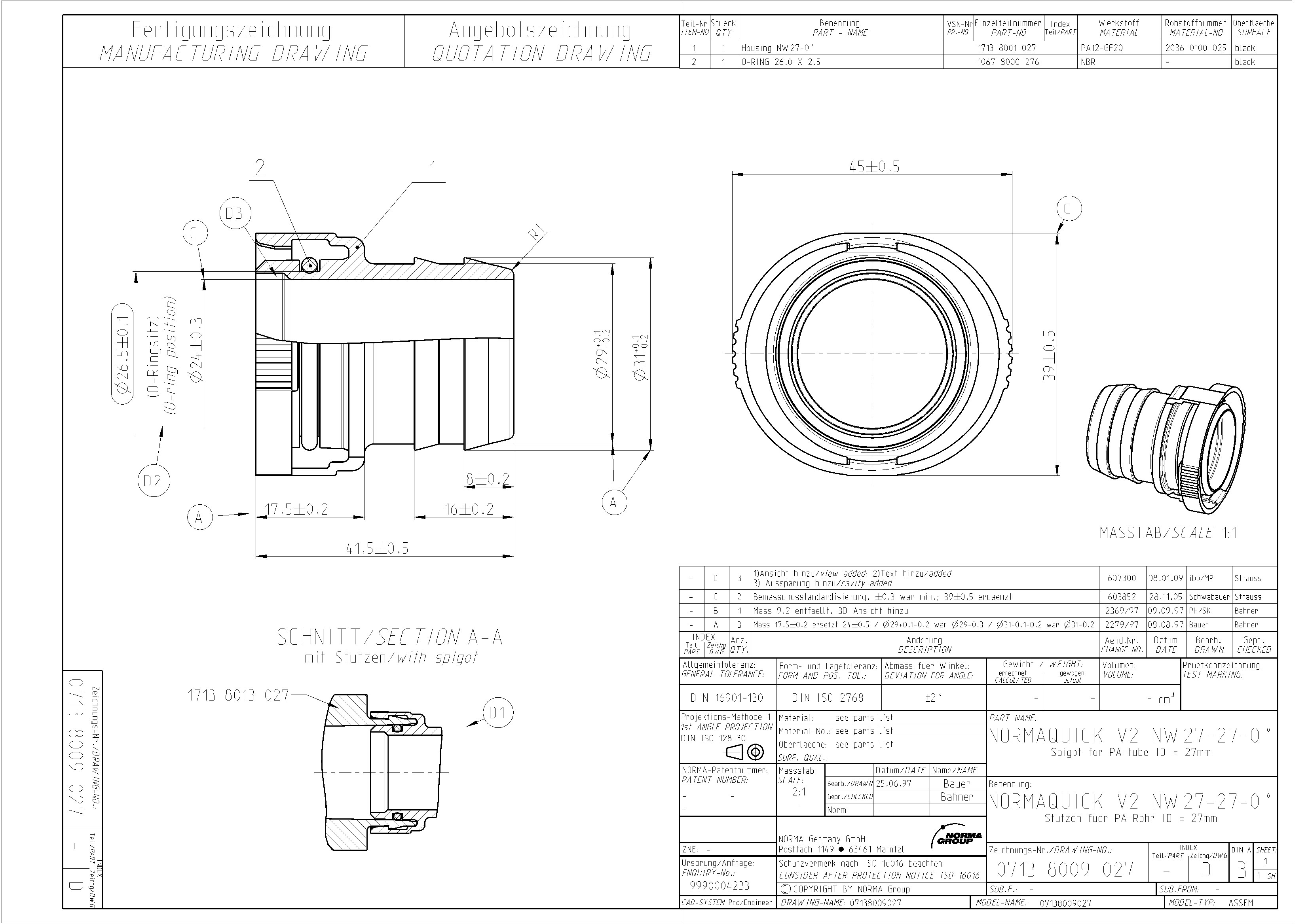 NORMAQUICK V2 NW 27-27-0° Stutzen für PA-Rohr, Technische Zeichnung Technische Zeichnung des NORMAQUICK V2 NW 27-27-0° Stutzens für PA-Rohre (ID=27mm), detailliert mit Seitenansicht, Querschnitt, isometrischer Darstellung, Maßen, Teileliste (Gehäuse aus PA12-GF20, O-Ring aus NBR) und weiteren technischen Daten.