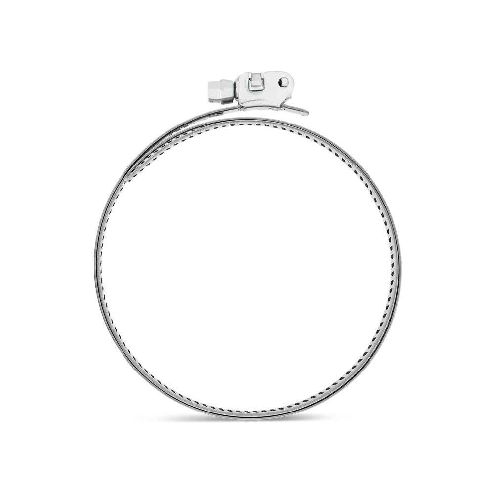 NORMACLAMP Quick Lock: Robuste Schlauchschelle aus Metall mit innovativem Klappverschluss, 12 mm Breite. NORMACLAMP Quick Lock Schlauchschelle mit Klappverschluss, Breite 12 mm, aus glänzendem Metall, kreisförmig auf weißem Hintergrund dargestellt.