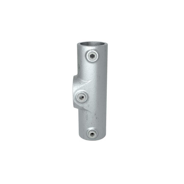 Ein silberfarbener T-Rohrverbinder vom Typ 27U, verstellbar im Winkel von 11° bis 30°, mit sichtbaren Innensechskantschrauben zur Befestigung.