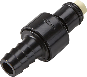 PLCD2200606MBLK Stecker 9,5 mm Schlauchanschluss mit Absperrventil und Buna-N Dichtung. PLCD2200606MBLK: Schwarzer Stecker mit 9,5 mm Schlauchanschluss, integriertem Absperrventil und Buna-N Dichtung.