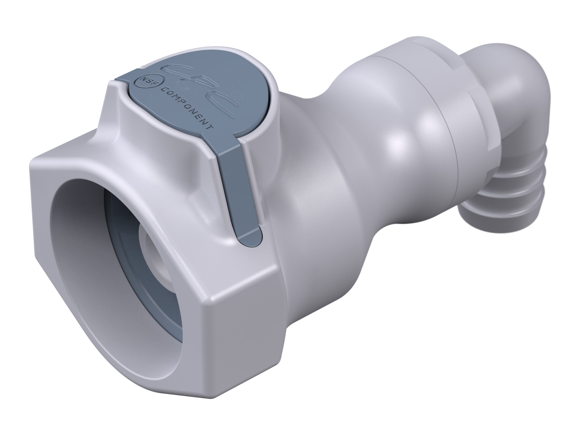 95100 Winkelkupplung in Grau mit 12,7 mm Schlauchanschluss (1/2"), ausgestattet mit Absperrventil und NSF-Zertifizierung für FDA EPDM O-Ring (UDC).