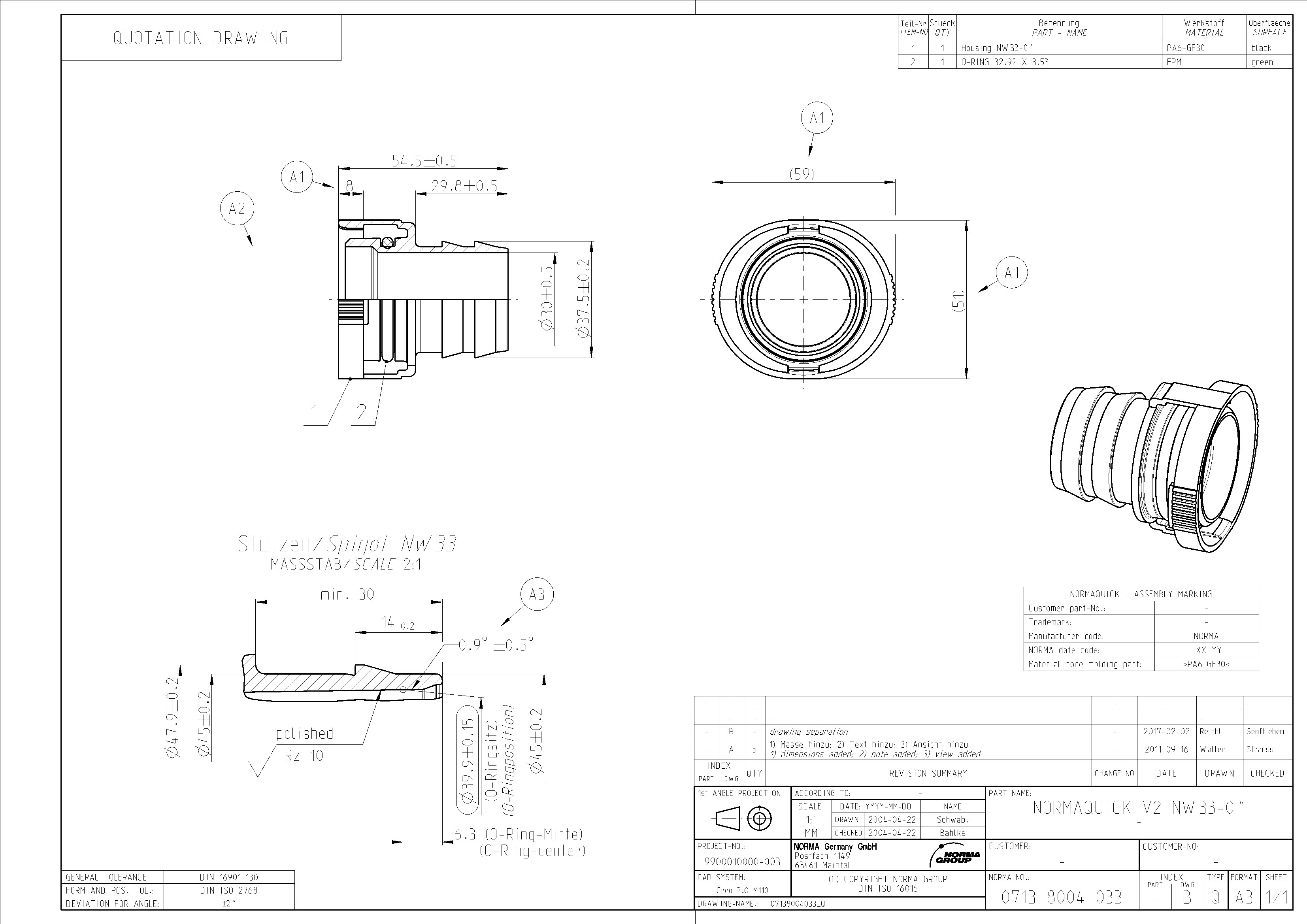 NORMAQUICK V2 NW 33-0°: Technische Zeichnung mit Produktmaßen und Materialdetails Detaillierte technische Zeichnung des NORMAQUICK V2 NW 33-0° Steckverbinders, dargestellt in mehreren Ansichten wie Seiten-, Vorder- und isometrischer Ansicht sowie einem Querschnitt. Die Zeichnung enthält präzise Bemaßungen, Toleranzen, Materialangaben f