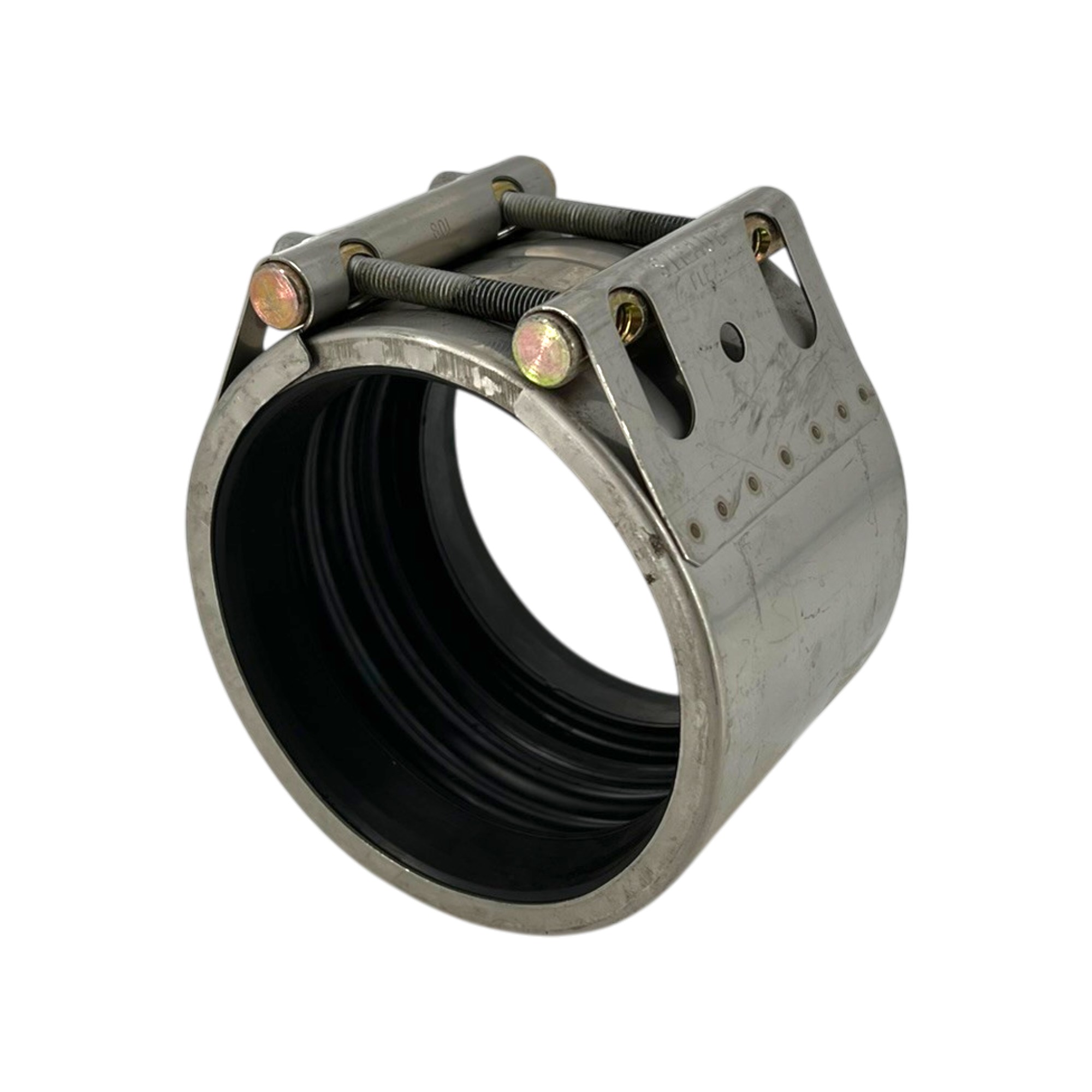 Straub Rohrkupplung Flex W2 108,0 mm, NBR, PN16 aus Edelstahl mit schwarzer NBR-Dichtung und Spannschrauben zur sicheren Rohrverbindung.