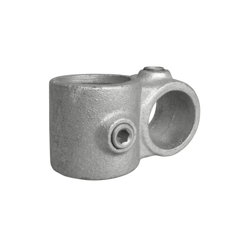 Rohrverbinder Kreuzstück 90° Typ 28V aus verzinktem Metall, zur Verbindung zweier Rohre unterschiedlicher Durchmesser, mit sichtbaren Befestigungsschrauben.