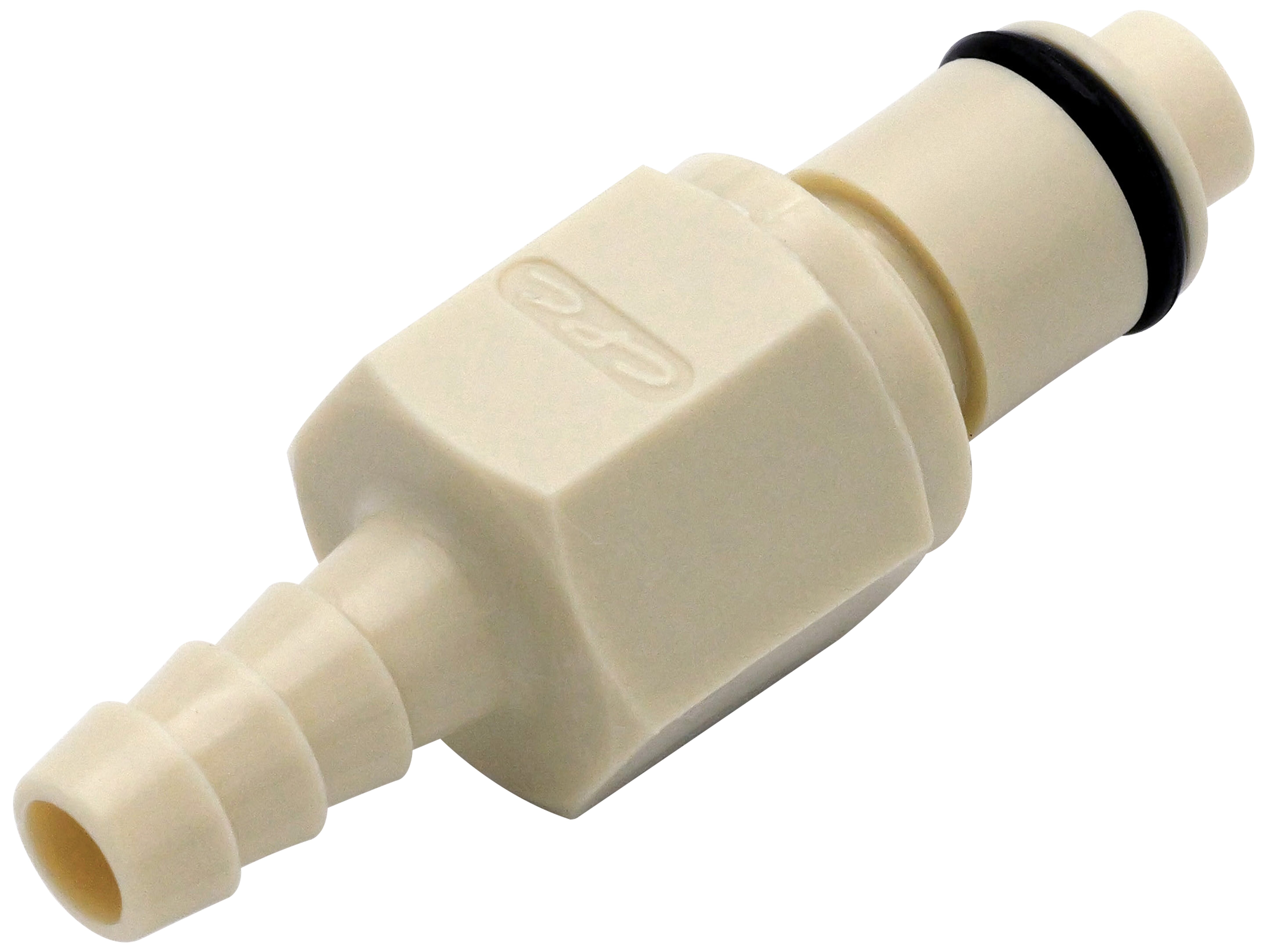 Beigefarbener PLCD2200412 Stecker 6,4 mm Schlauchanschluss, mit integriertem Absperrventil und schwarzer EPDM-Dichtung auf weißem Hintergrund.