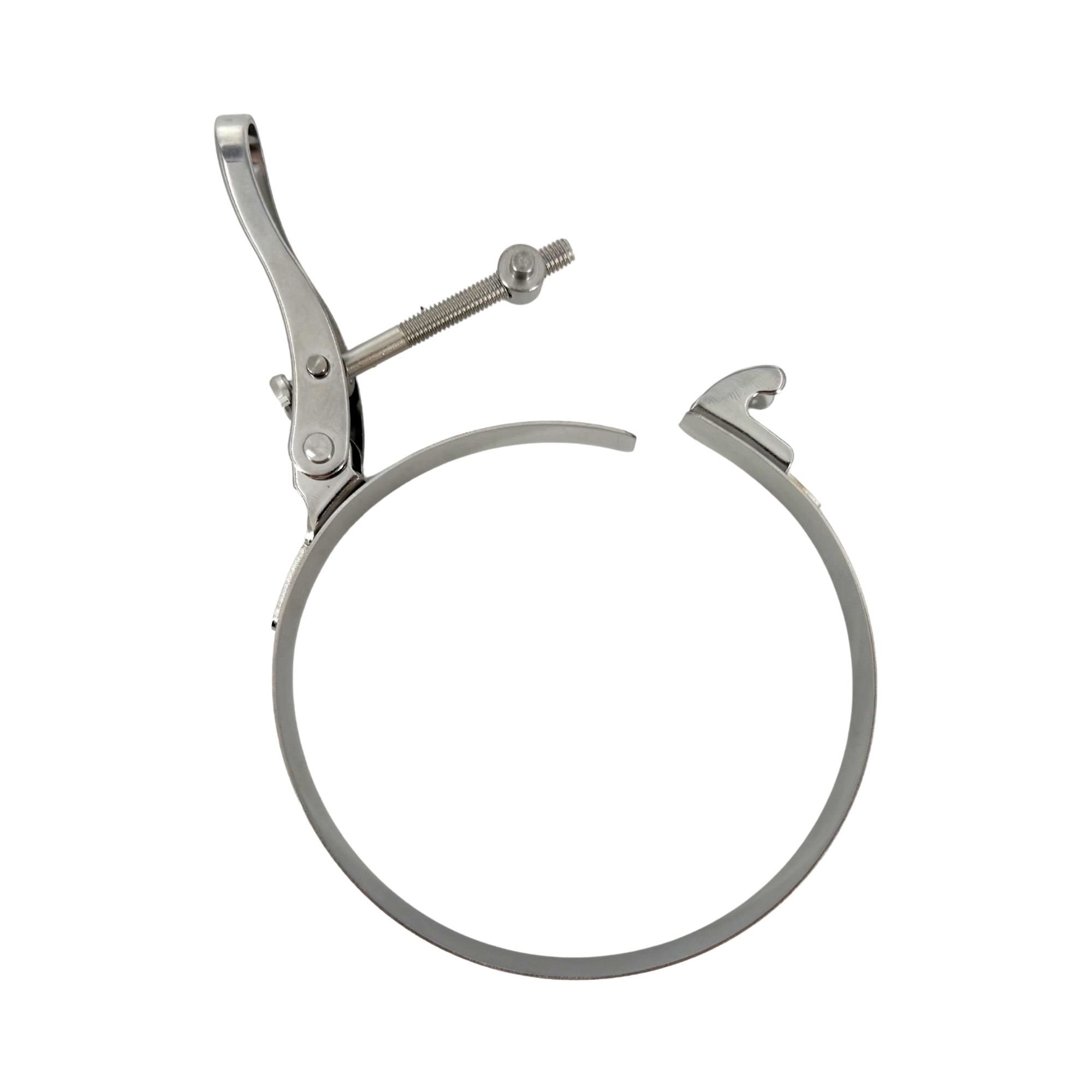 Schellen Schnellverschluss SVS mit Zylinderschraube: Eine offene, silberne Metall-Schelle mit einem Schnellspannhebel-Mechanismus und einem Haken, auf weißem Hintergrund.