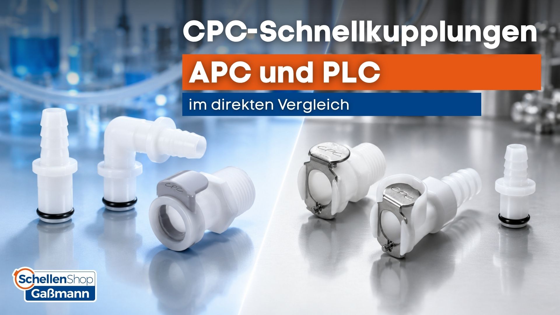 Produktbild der CPC-Schnellkupplungen APC und PLC im direkten Vergleich. Es sind verschiedene weiße Kunststoff-Schnellkupplungen zu sehen, darunter gerade und gewinkelte Schlauchanschlüsse sowie Kupplungskörper mit silbernen Metallriegeln, auf einem helle