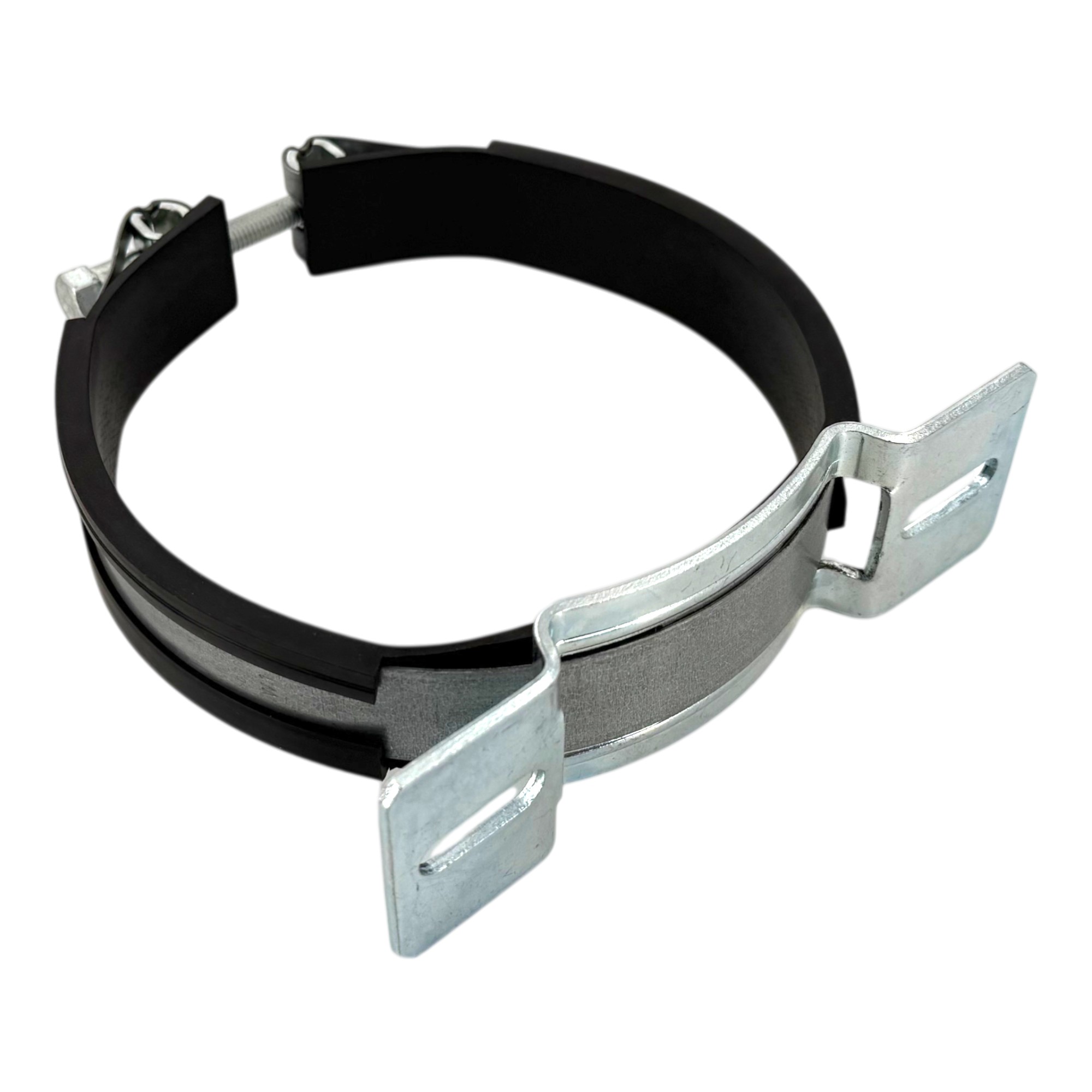 Gelenkbandschelle / Speicherschelle mit Gummierung, Konsole K1 aus silberfarbenem Metall mit schwarzer Innengummierung auf weißem Hintergrund.
