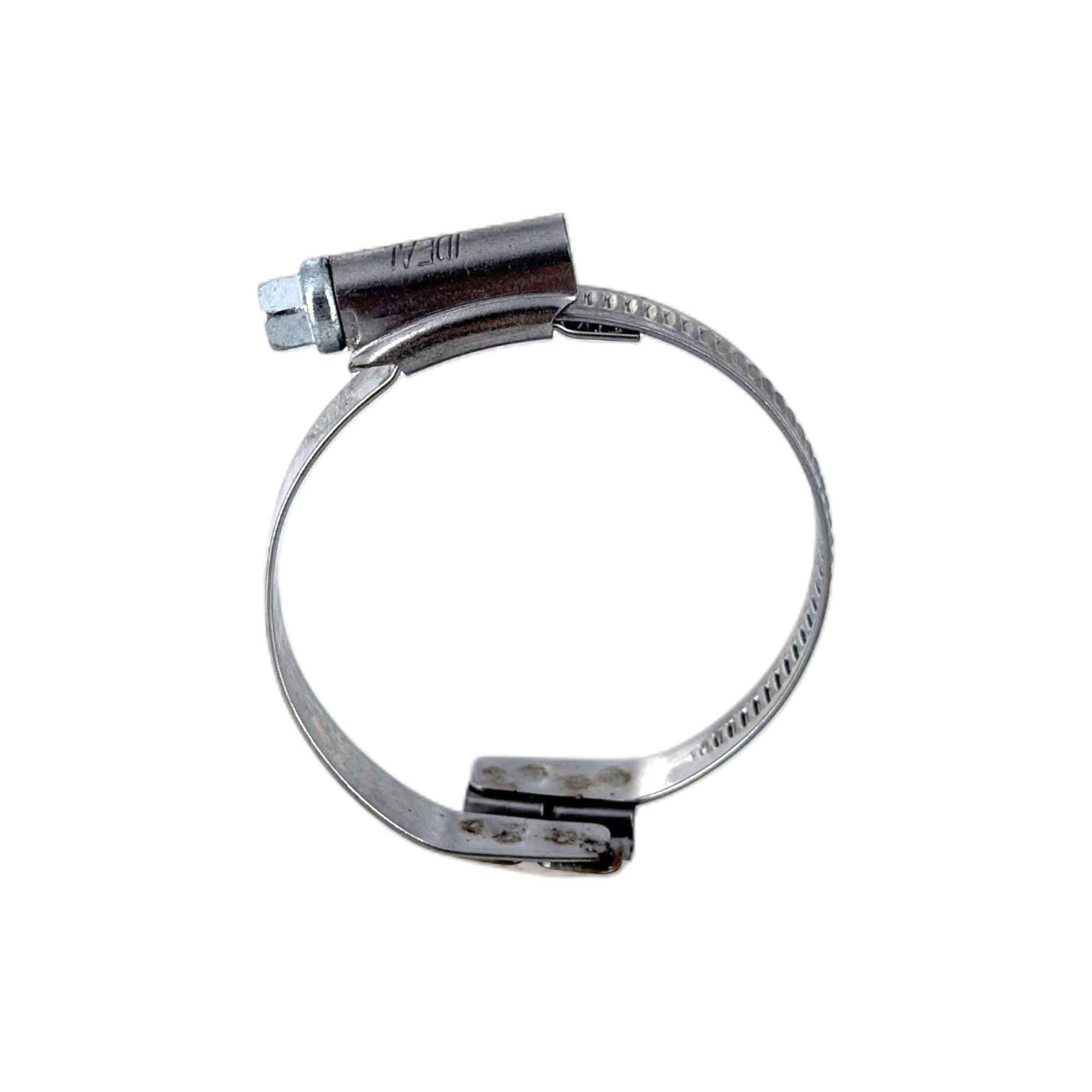Spiral-Schlauchschelle / Brückenschelle Clamp 212 von IDEAL aus Edelstahl W2, rechtssteigend, mit 9mm Bandbreite. Die silberne Metallschelle ist kreisförmig dargestellt und zeigt den charakteristischen Schraubverschluss und das gelochte Band auf weißem Hi