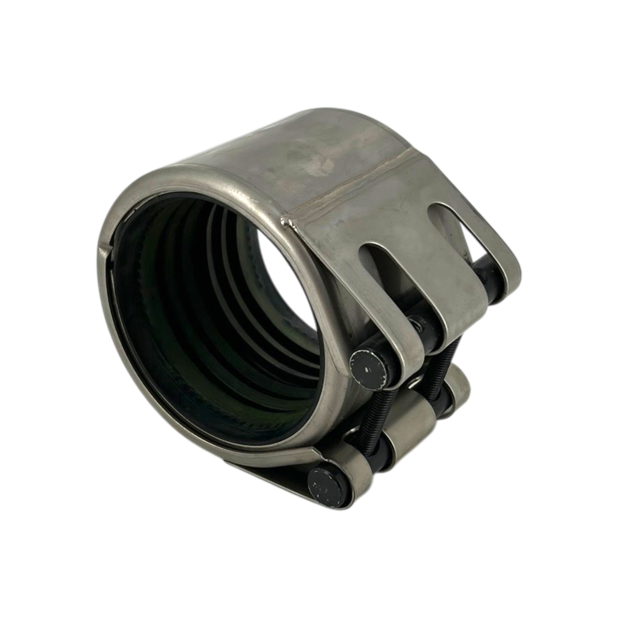 Teekay Rohrkupplung Flex E W2 88,9 mm, EPDM, PN16 aus Edelstahl, eine robuste, silberfarbene Rohrkupplung mit schwarzer EPDM-Dichtung und mehreren sichtbaren Befestigungsschrauben.